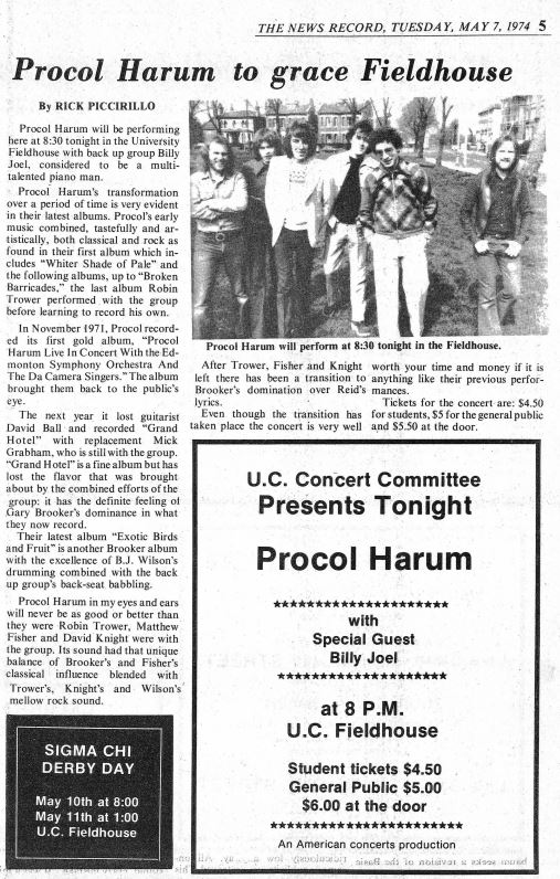 Procul Harum with Golden Earring show ad and announcement May 07 1974 Cincinatti - Cincinatti University
